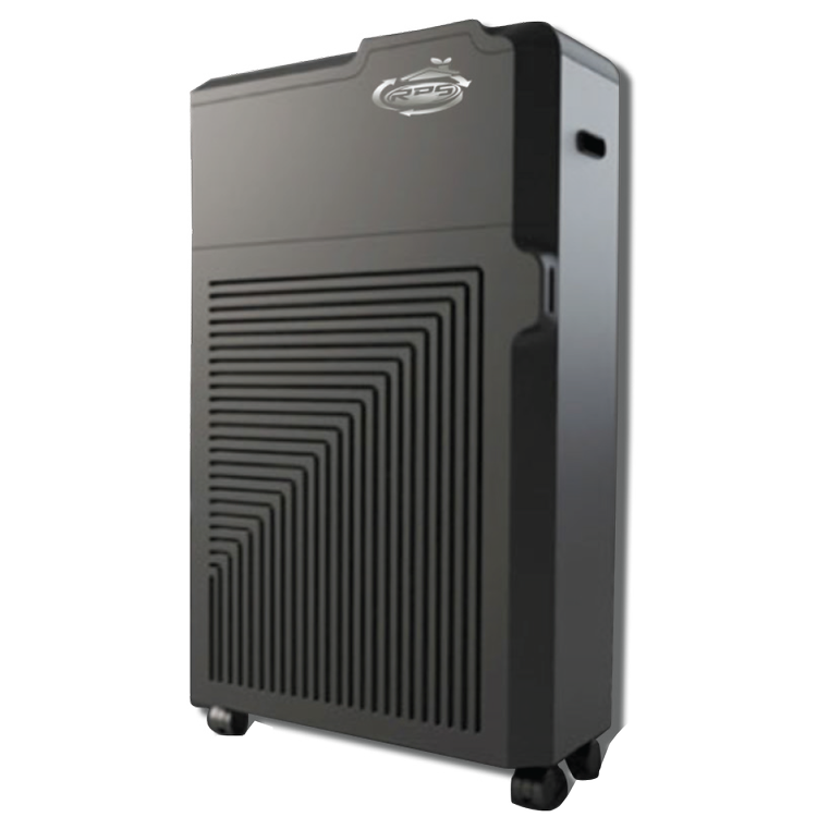 RPS 600S portable electronic air purifier in charcoal gray, front three-quarter view on its casters