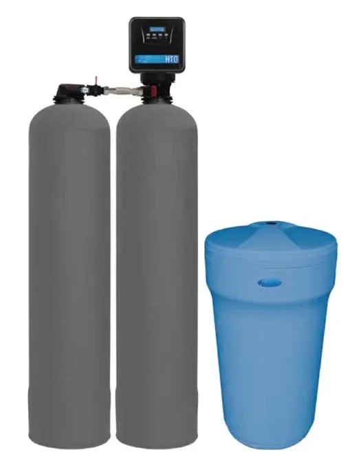 The Hardness & Chlorine Reduction System (HTO): two gray tanks with a control valve and a blue brine tank