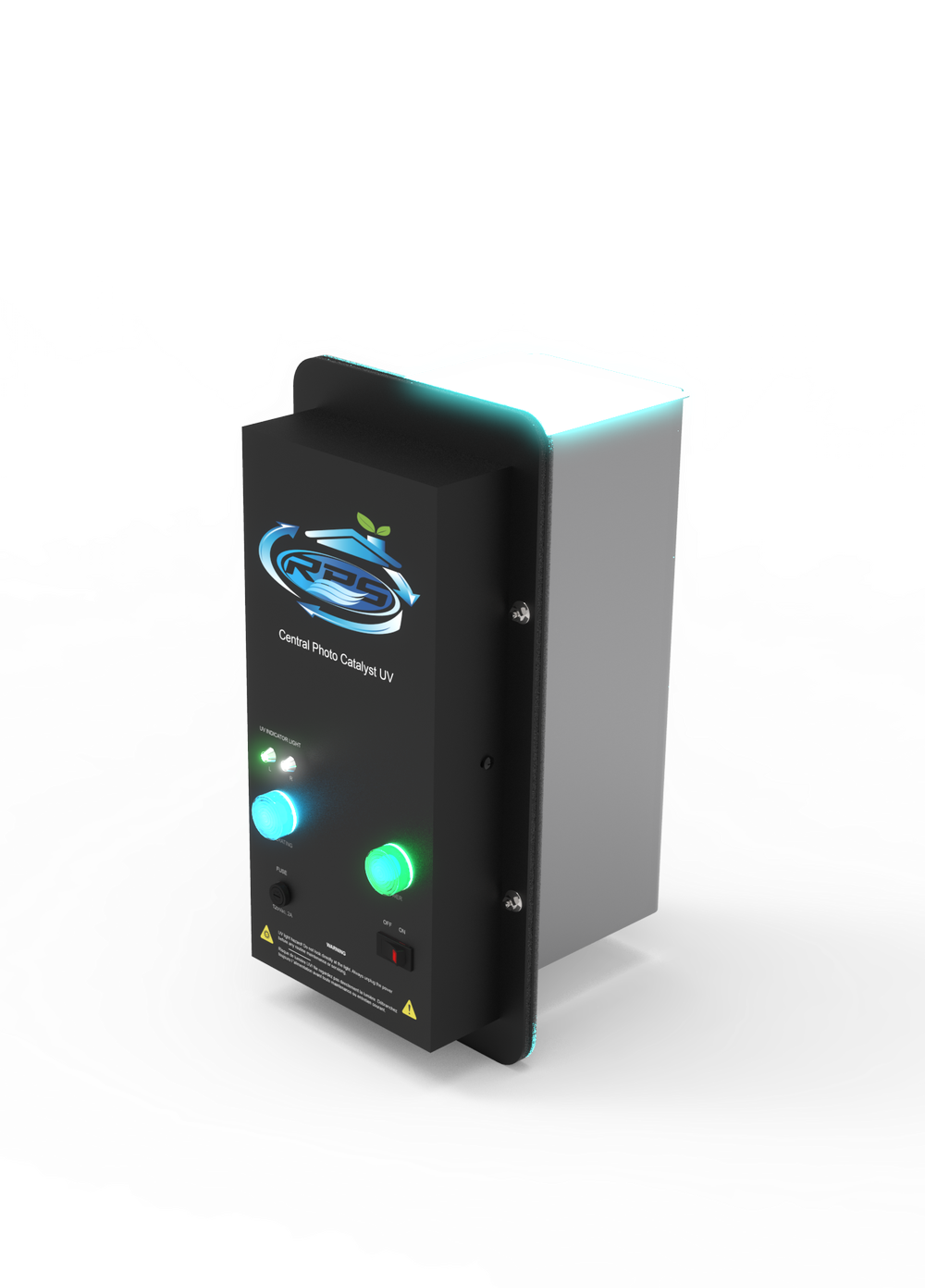 RPS PUV Central Photo Catalyst UV System: the black control box of the whole-home UV-C and PCO air purifier that mounts on the side of the ductwork