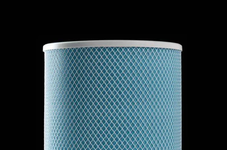 Close-up of the MedicAir's blue anti-microbial coated HEPA H13 filter on a black background