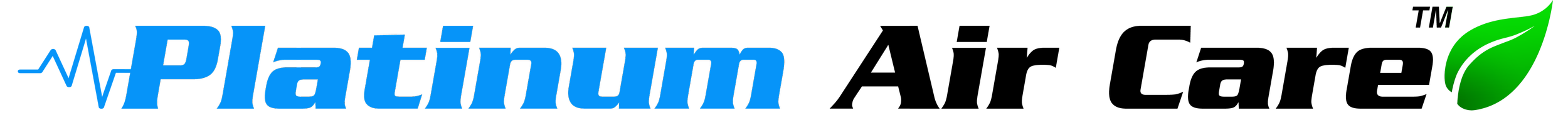 Logo with the word 'Platinum' in blue, 'Air Care' in black, accompanied by a green leaf trademark design.