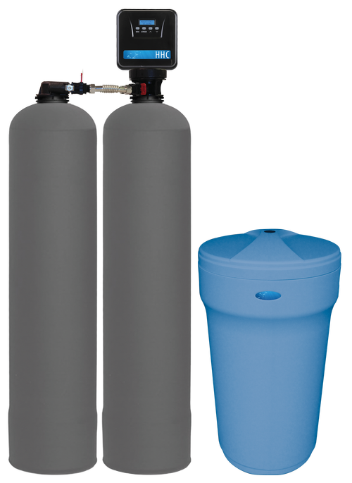 The Advanced High-Hardness Conditioning System (HHC): two gray tanks with a control valve and a blue brine tank