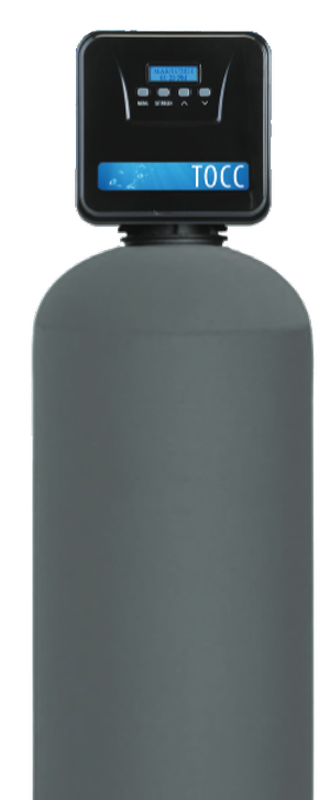 Whole-home chlorine and chloramine filter, a gray tank with a digital control head