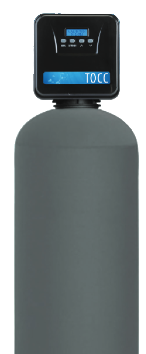 TOCC whole-home chlorine and chloramine filter tank with its digital control head