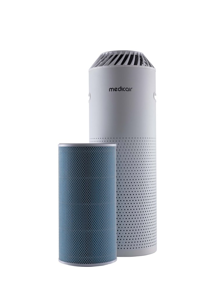 MedicAir portable air purifier beside its blue all-in-one HEPA filter cartridge