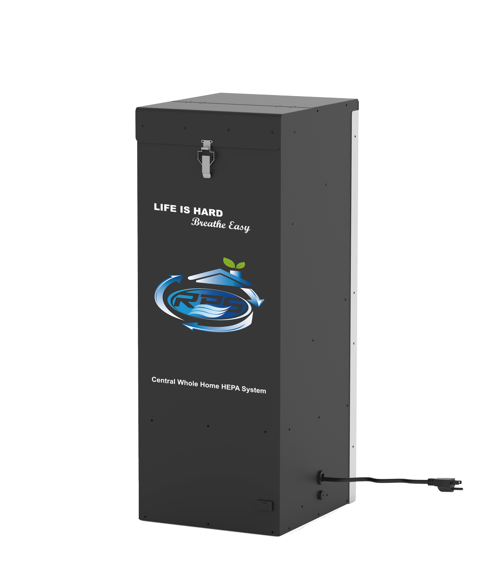 RPS Central Whole Home HEPA System (RPS C3000): the black whole-home HEPA air purifier cabinet that stands beside the furnace