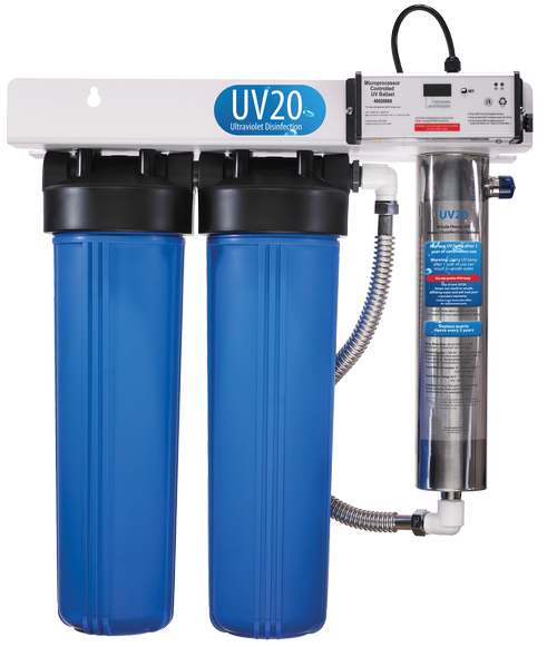 A whole-home ultra-violet water disinfection system: two blue filter housings and a stainless UV chamber on a white frame