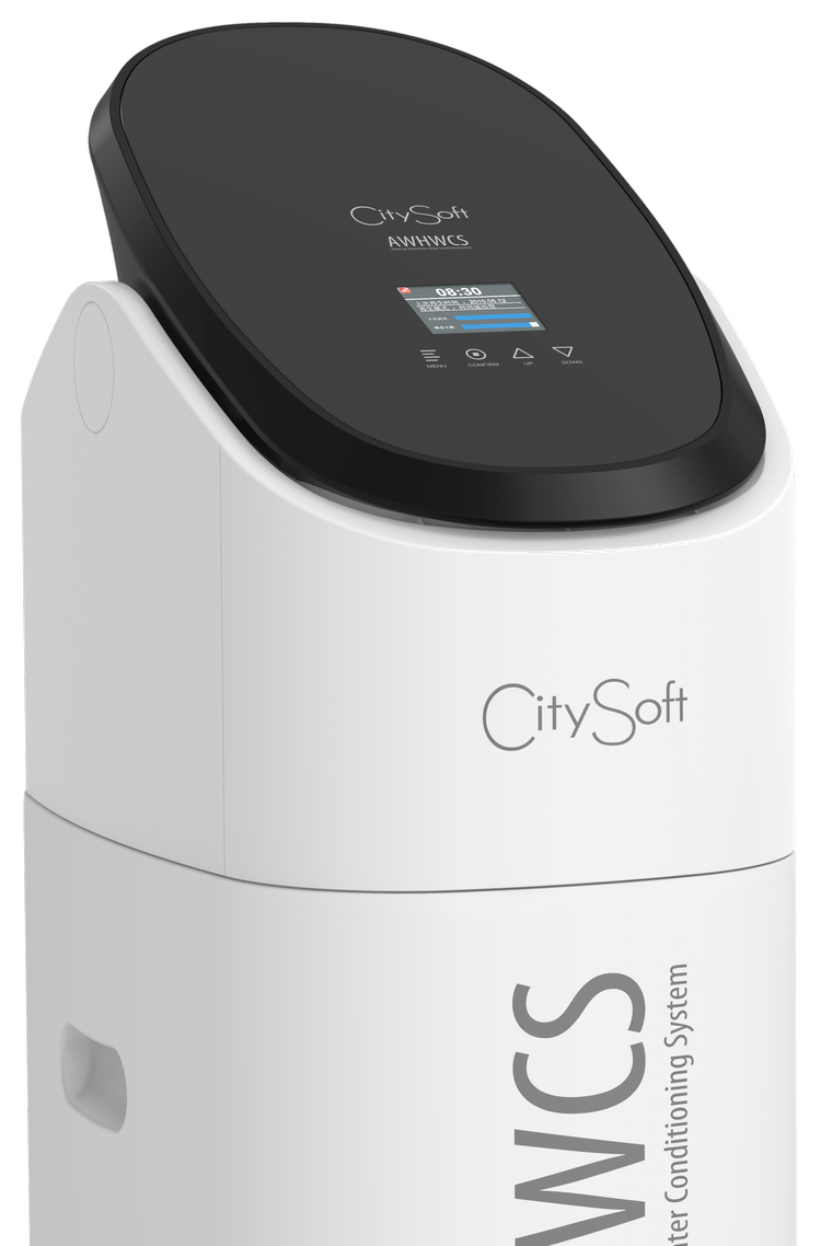 CitySoft whole-home water softening and conditioning system with a digital display on top