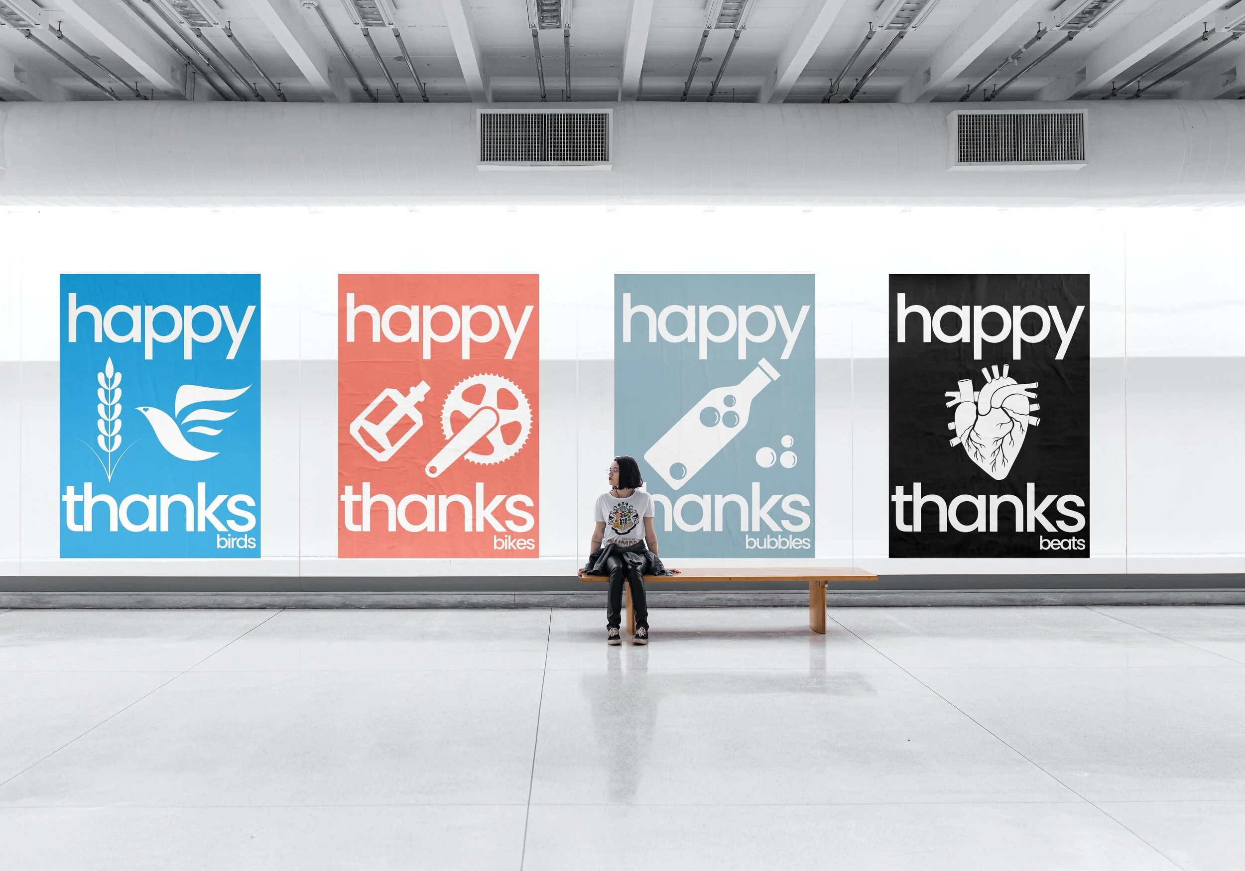 Series of four large modern vibrant posters.