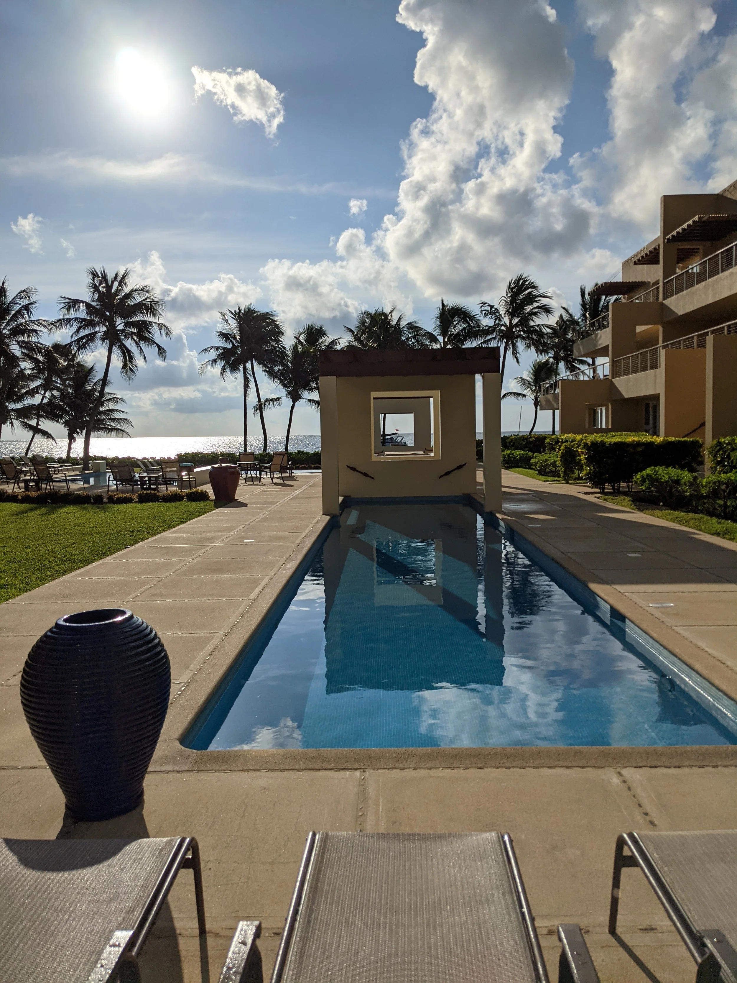 A long, sparkling blue lap pool lined with sun loungers and palm trees at The Phoenix Resort, extending toward the ocean on a bright, sunny day in San Pedro, Belize.
