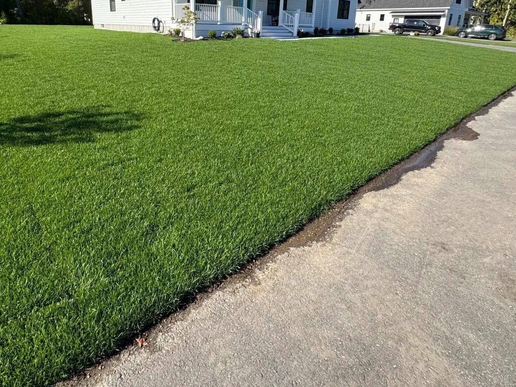 Freshly installed green lawn next to a paved driveway in front of a white house with steps and two porches.