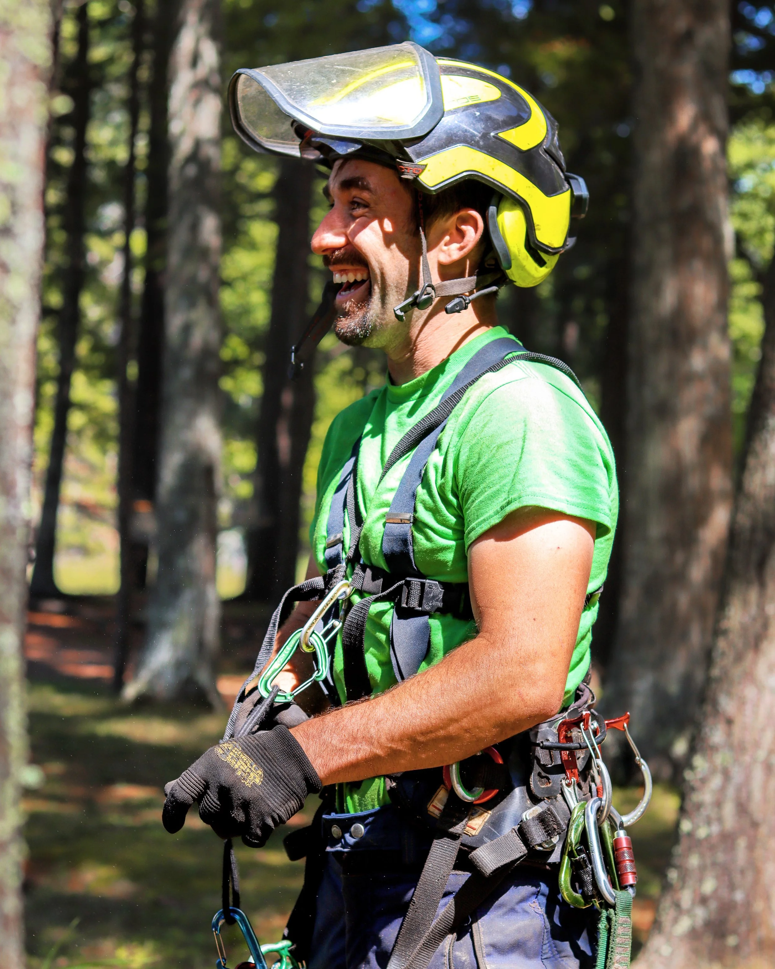 Arborist wearing safety gear, including a helmet and harness, smiling in a forest setting.