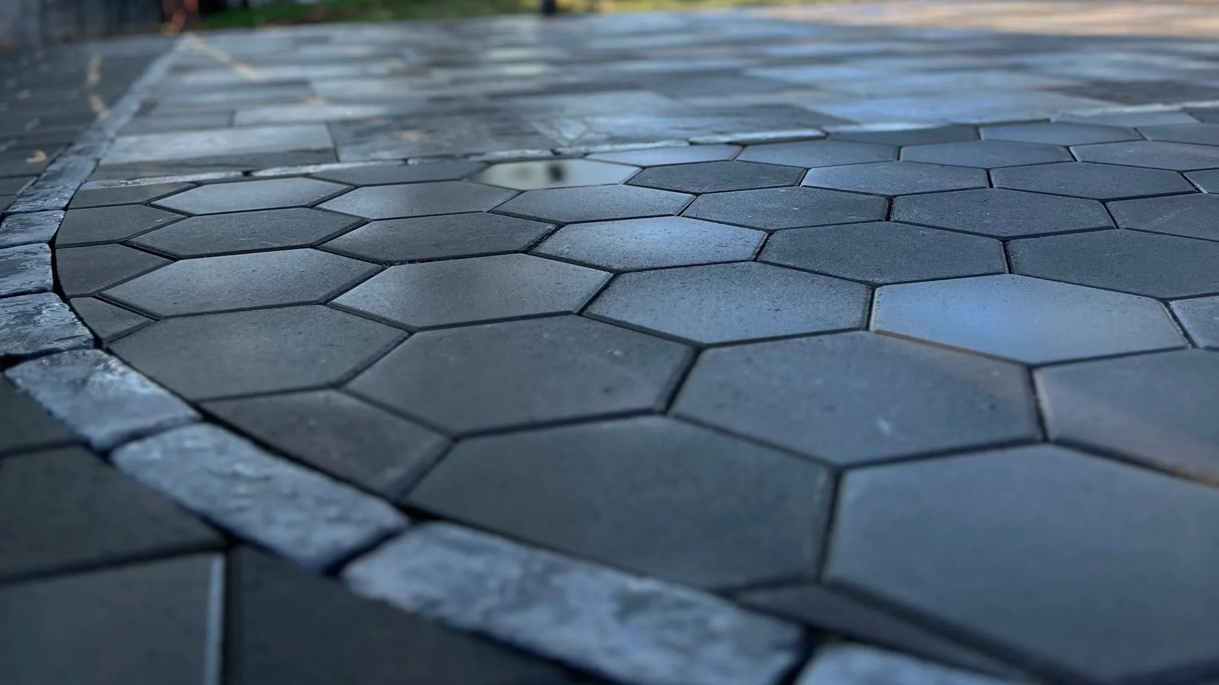Close-up view of a paved surface with hexagonal tiles and a border of rectangular tiles, some of which are wet.