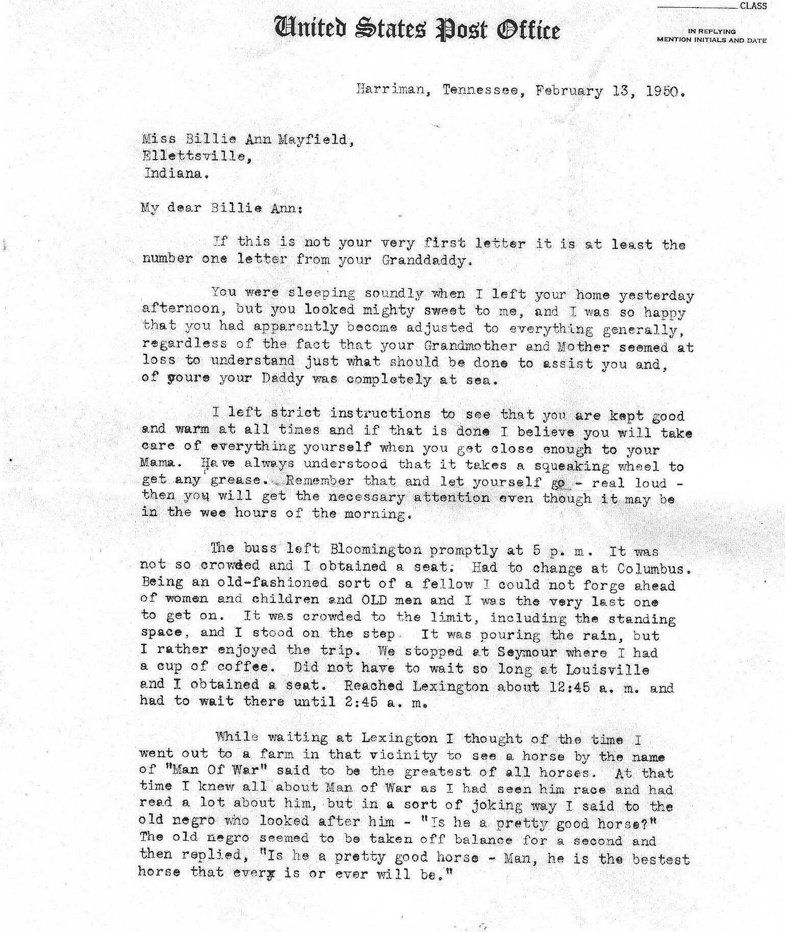 A letter from WR (Bill) Massey to his granddaughter Billie Ann — Page 1