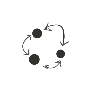 icon of three black dots arranged in a triangle with curved arrows linking each of them