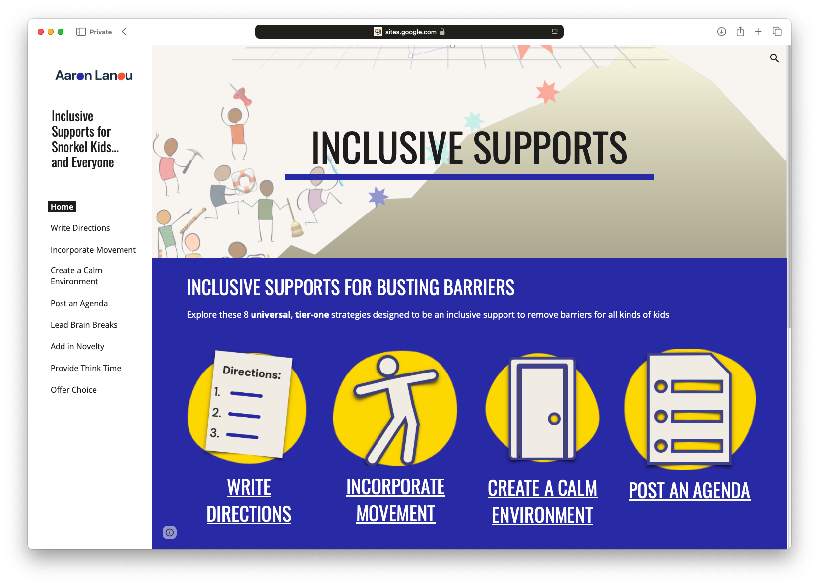Screenshot of a website "Inclusive Supports." On the sidebar it reads "Inclusive Supports for Snorkel Kids... and Everyone" and in the body are images and text for various strategies, such as write directions, incorporate movement, and post an agenda