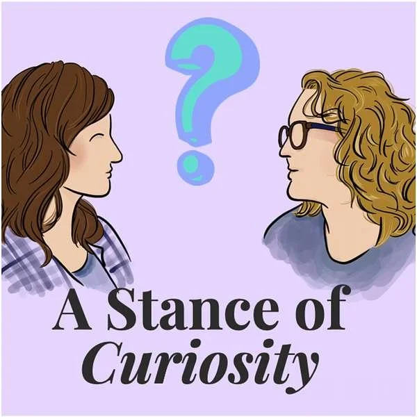 A Stance of Curiosity podcast cover: Illustrations of Gillian and Joelle in profile looking towards each other with a question mark between them