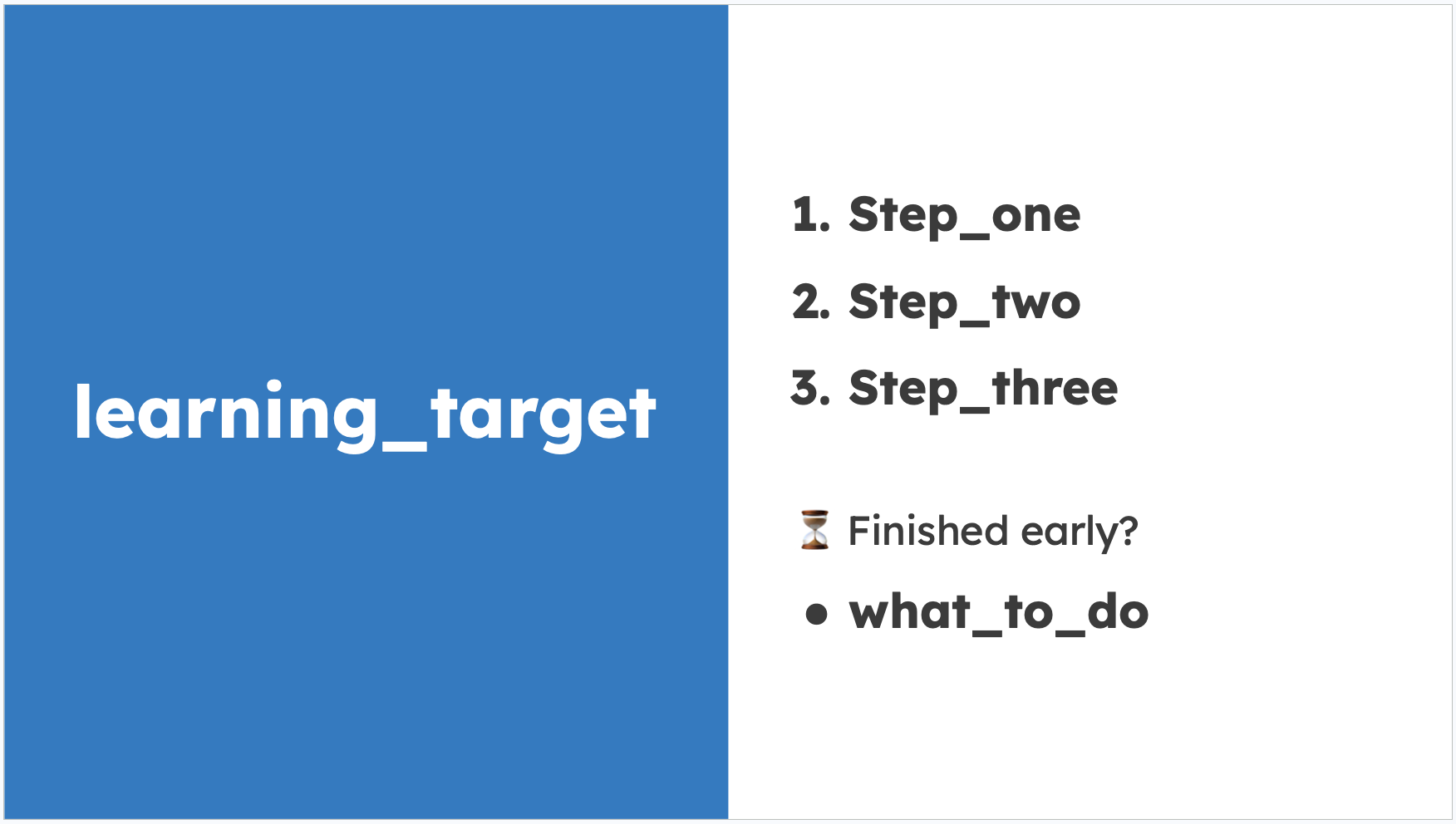 Presentation slide showing ‘learning_target’ on a blue background, with steps labeled ‘Step_one,’ ‘Step_two,’ and ‘Step_three’ on a white background. An hourglass icon accompanies the text ‘Finished early?’ followed by ‘what_to_do.’