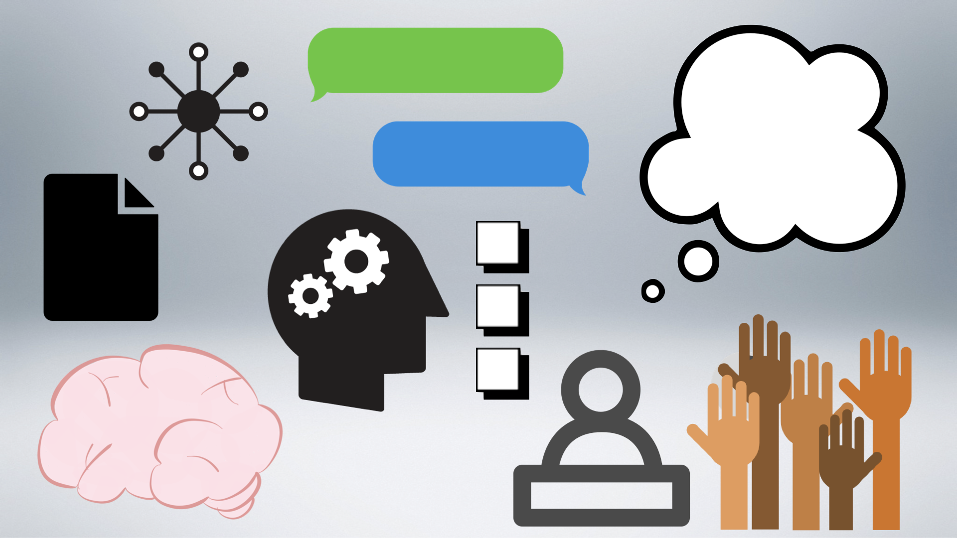Illustration with symbols for communication and thinking, including a brain, dialogue bubbles, a head with gears, hands raised, a document, a network, and thought bubbles.