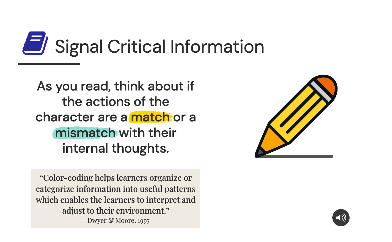 Signal critical information: a pencil icon and information about color coding