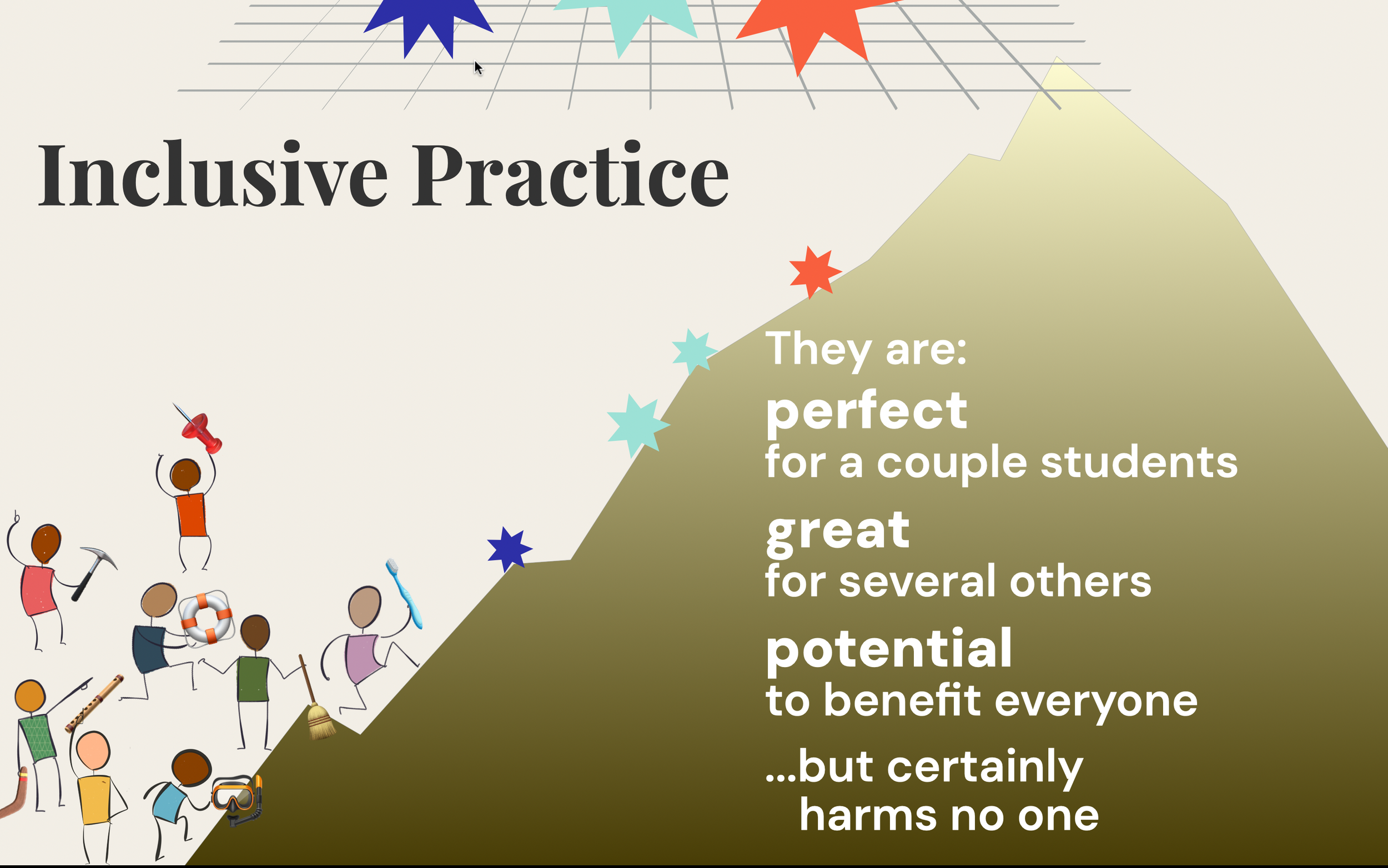 Stick figures hold tools at the base of a mountain, above which are colorful jagged shapes held up by a net. Text: "Inclusive practice: perfect for a couple students, great for several others, potential to benefit everyone. but certainly harms no one