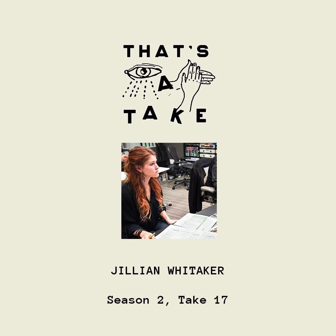 Promotion for the TV show "That's A Take," featuring a drawing of an eye with rain and a hand, a photo of a woman with red hair studying papers at a desk, and text indicating Jillian Whitaker in season 2, take 17.