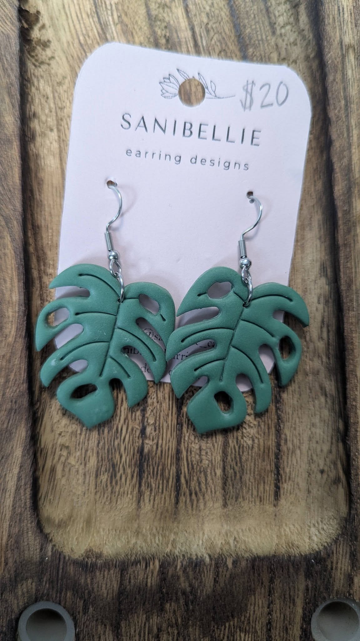 Handmade Green Monstera Dangle Earrings