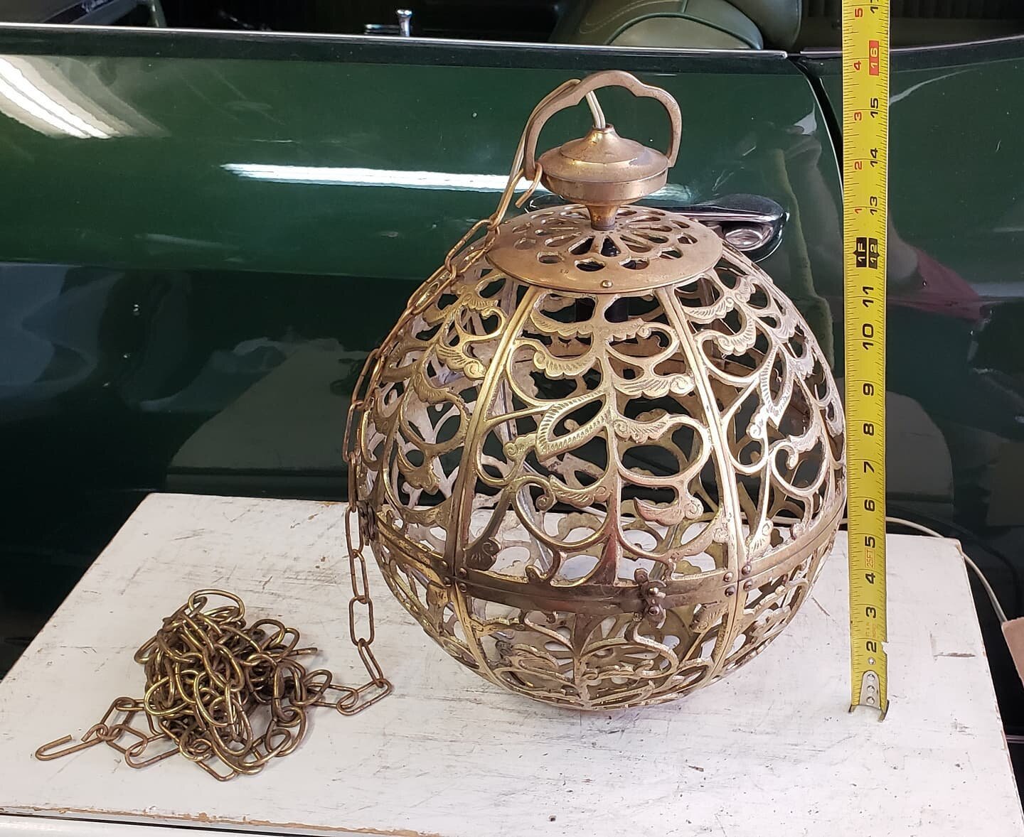 $400. 1950s Pierced Filigree Brass Japanese Asian Pendant Light Karakusa Globe Lanterns. 12 inch diameter sphere. vintage Japan made globe orb fixtures. Filigree Swag Lamp Hanging Brass Ball Mid Century dome modern. Possibly needs rewired. I could no