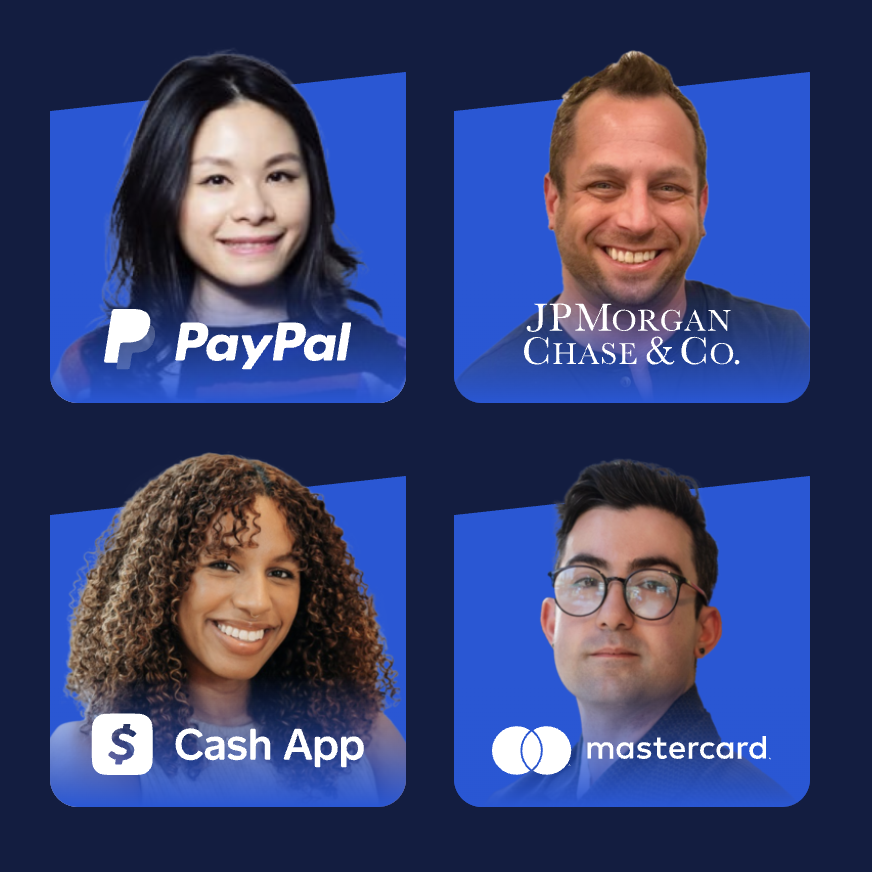 Photos of four product designers who spoke on the panel. The companies they work for are PayPal, J.P. Morgan Chase & Co, Cash App, and Mastercard.