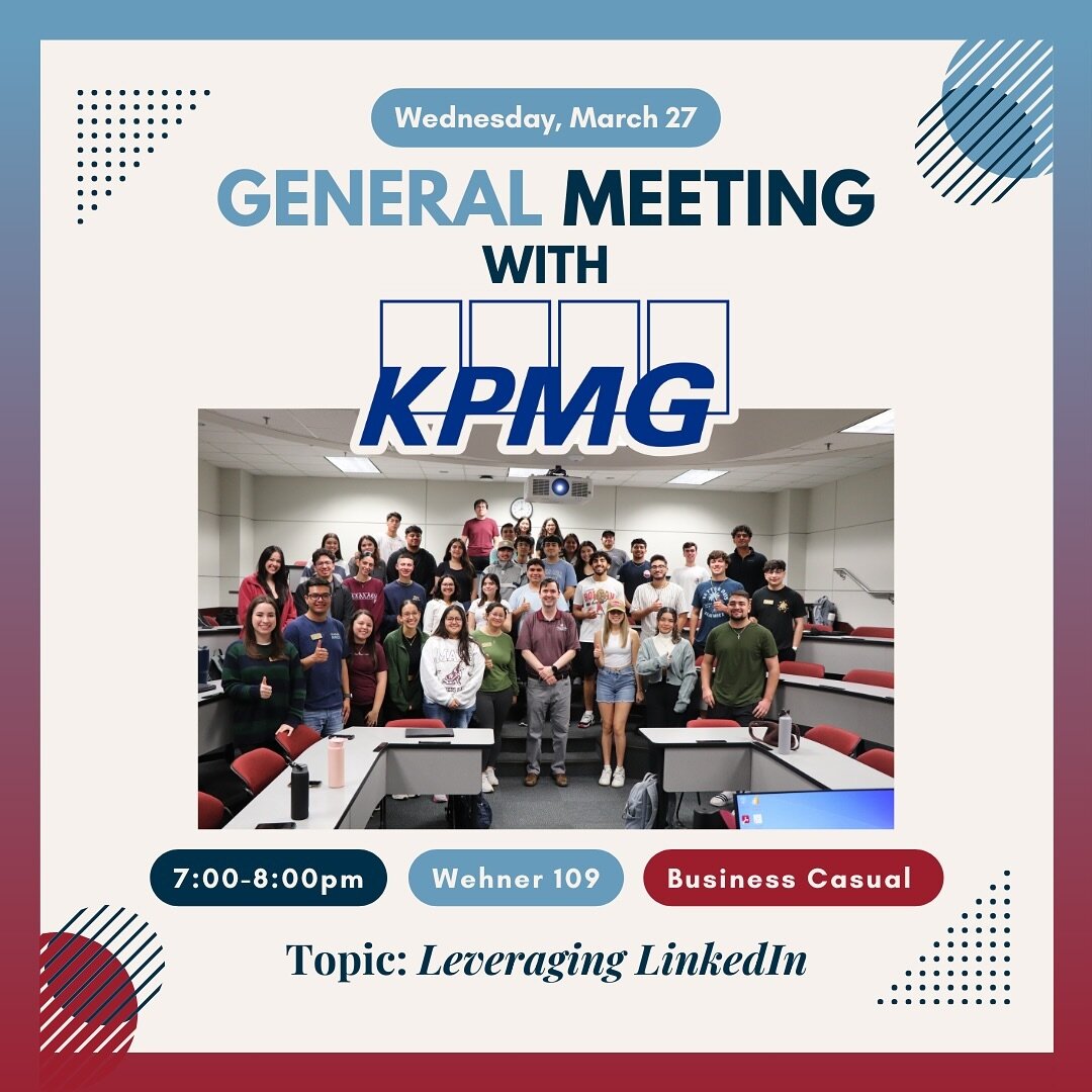 Join us TOMORROW for a general meeting with KPMG about ways to leverage LinkedIn👩&zwj;💻🤓

Located in Wehner room 109 and food will be provided! See you there! 😁