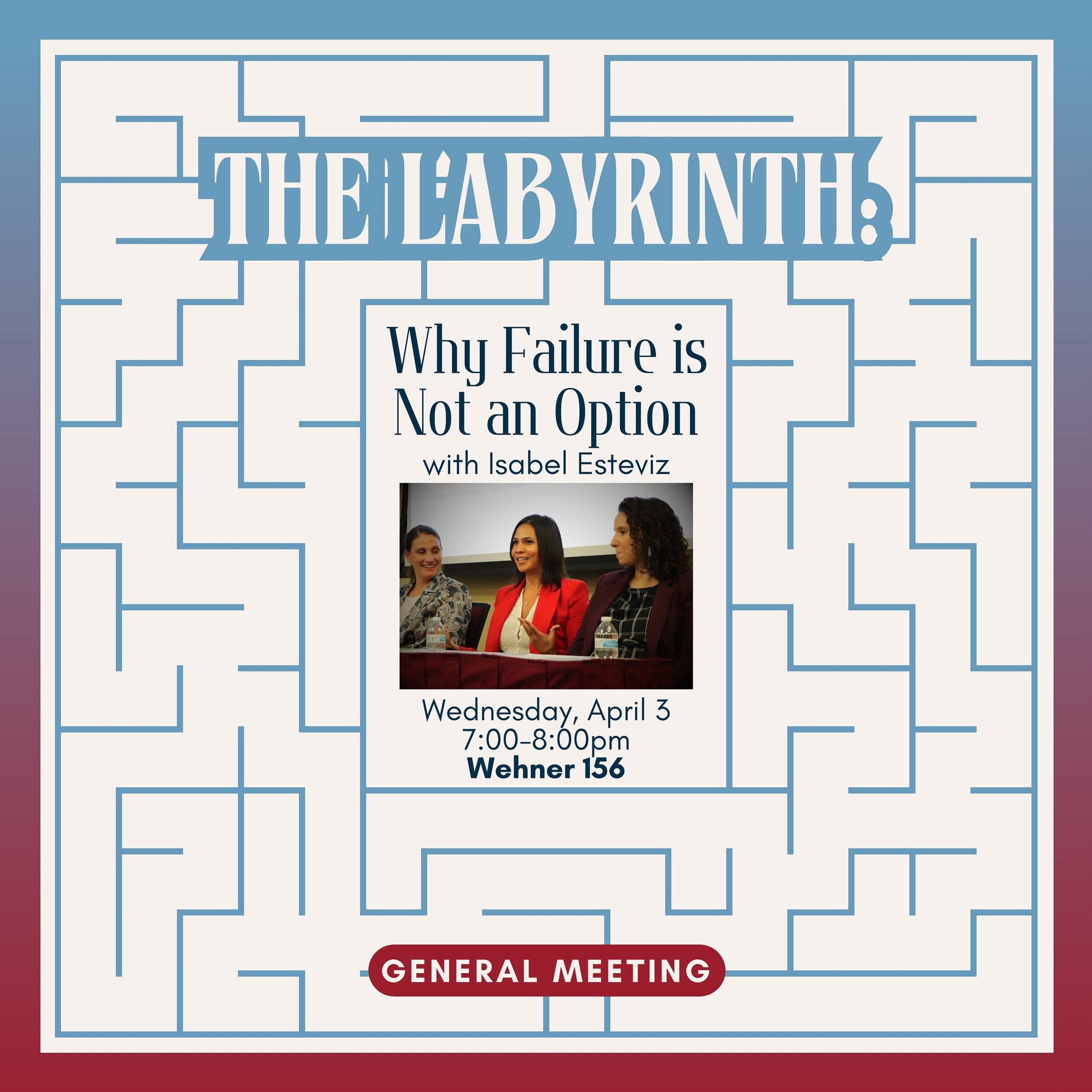 Howdy! 👋 We have an exciting general meeting coming up on Wednesday! 🤩 Join us to hear from Isabel Esteviz as she presents The Labyrinth: Why Failure is Not an Option 💡🧩🎯💫

Food will be provided. See you all there! 🙌