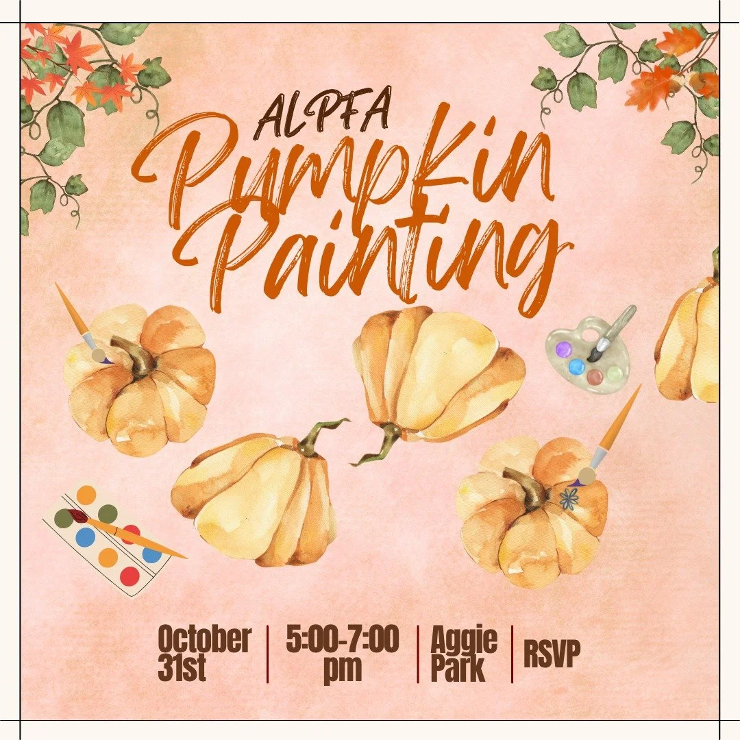 🎃 Take a break from midterms! 🎃
Join us this Friday (Halloween 👻) for some chill pumpkin painting at Aggie Park 🌳 from 5&ndash;7 PM! 🧡 Wear your best costume (optional) and unleash your inner Picasso 🎨

Please fill out the RSVP on Flare! 🎃 so 