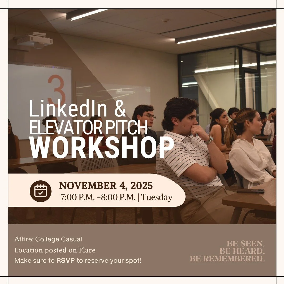 Join us this Tuesday for the LinkedIn &amp; Elevator Pitch Workshop, featuring insider tips from our Director of Corporate Relations 🧑&zwj;💼. Learn how to make your LinkedIn profile stand out, master pitch, and stand out to land an internship 💼✨