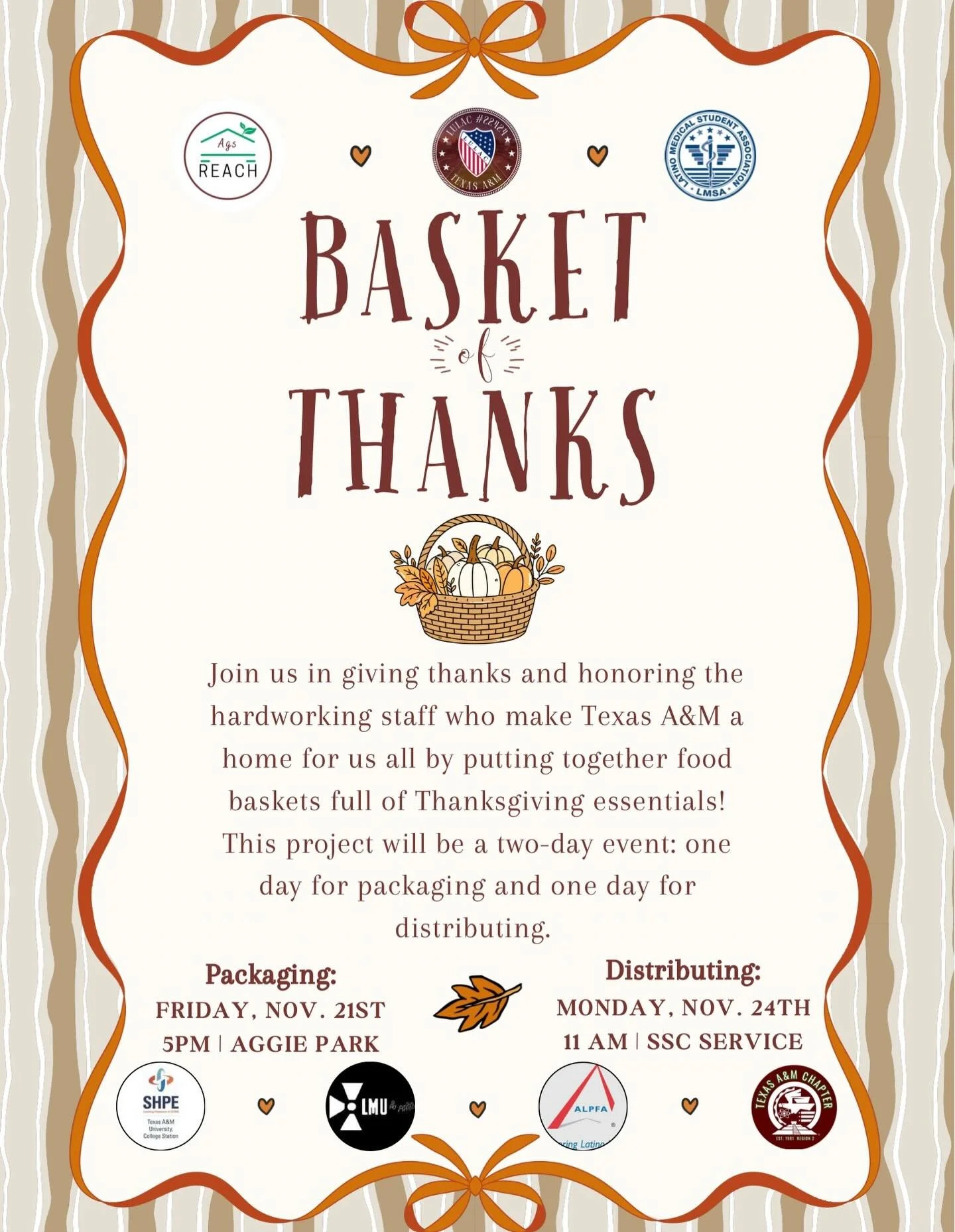 Howdy ALPFAmilia! 💙
We&rsquo;re excited to announce our collab with @tamu.lulac for a distribution event this Monday at 11 AM at SSC Service! Come help us distribute for Thanksgiving 🦃✨
If you need volunteer hours or want to make an impact, this is