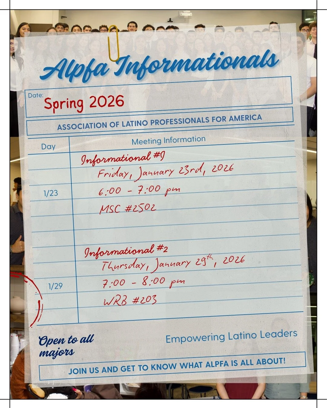 Join us at our Informationals 📣✨
We&rsquo;ll be answering all your questions, breaking down how ALPFA works, and sharing what we do and have to offer 🤝📚

Attire: College Casual 👚👖
📌Informational #1 1/23 
- 6-7 pm at MSC 2502
📌Informational #2 