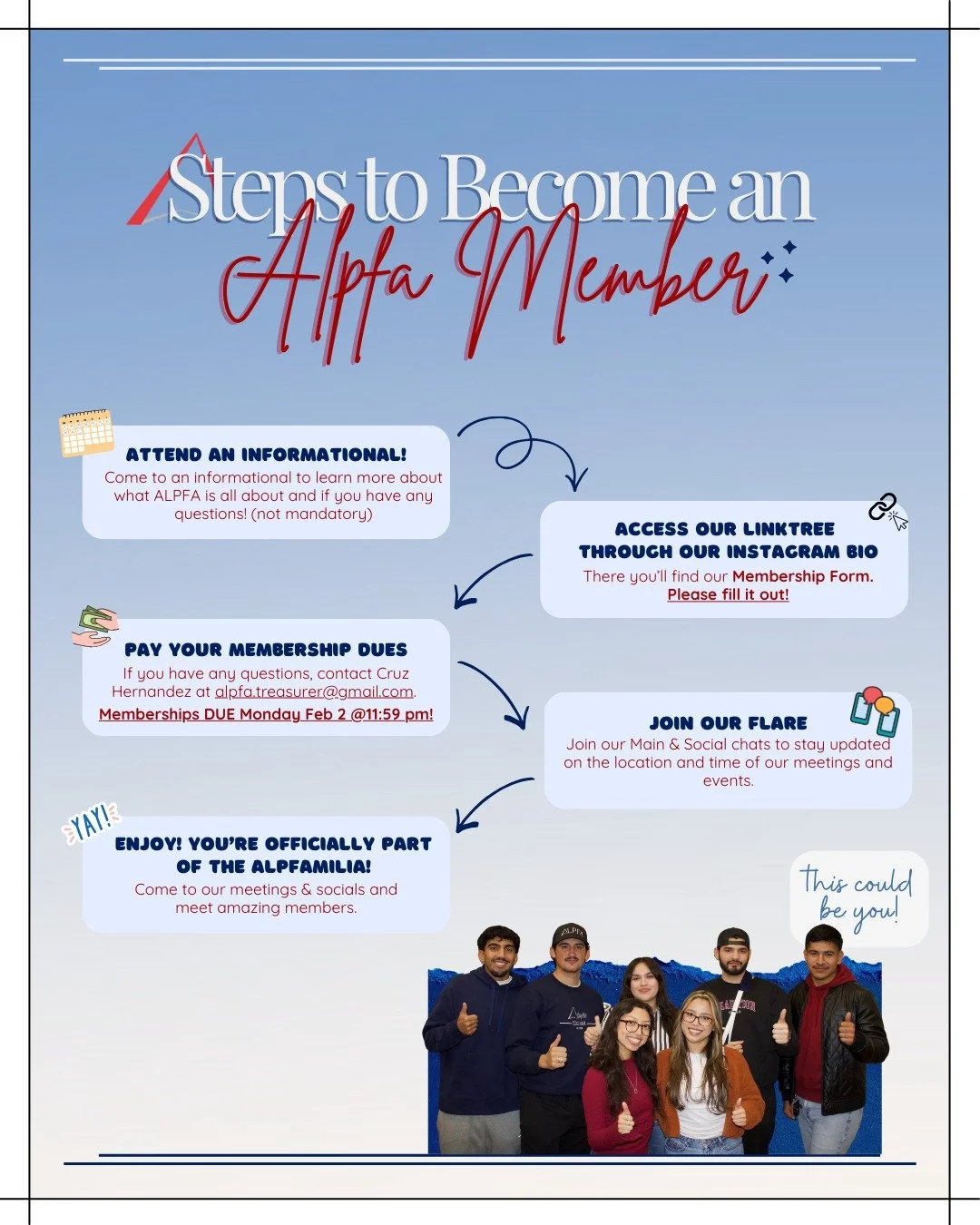 Want to join ALPFA? It&rsquo;s easy! 💙✨
We have an open-door policy, no matter your major or background, you can be part of the ALPFAmilia! 🫵🏼 No interviews, no complicated process.
Just follow these steps, pay dues by MONDAY Feb 2, and enjoy!🤩