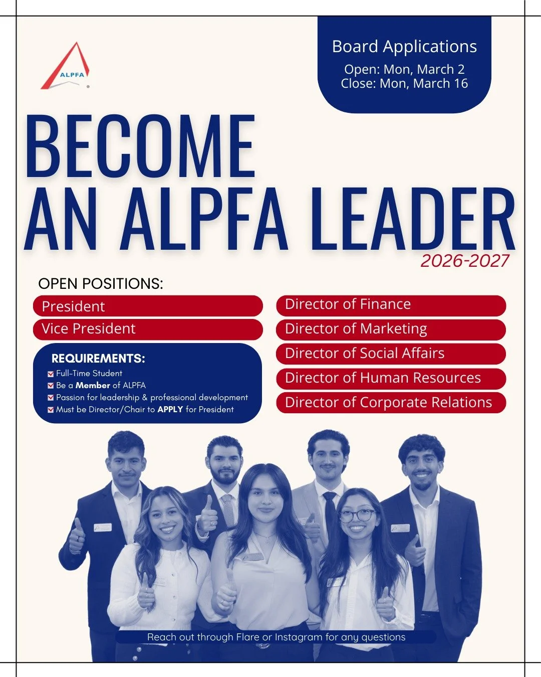The time has come! ⏳✨ Applications to become an ALPFA Director open this upcoming Monday March 2nd!

We encourage everyone to apply, this is a great way to strengthen your resume, get more involved, and develop valuable leadership skills. 🌟📈

APPS 