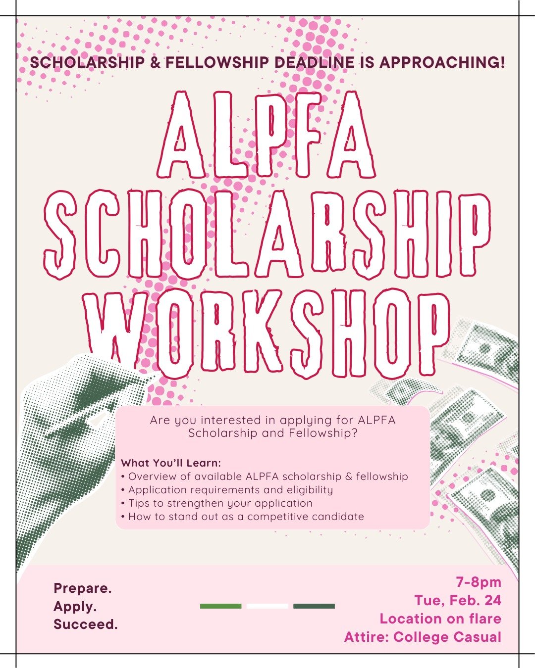 🎓✨ The ALPFA Scholarship &amp; Fellowship Workshop is happening THIS TUESDAY!

College Casual 👚+ FREE food 😋
Come learn about the perks of being an ALPFA member and how you can secure scholarships &amp; fellowship 💰💼

Don&rsquo;t miss out on thi