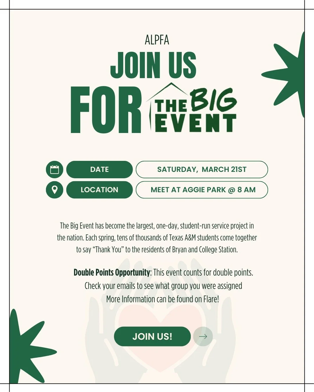 Big Event. Big Impact. 🌎 Join us this Saturday at Aggie Park! 🌳

👕 Pro-Tip: Wear clothes you&rsquo;re willing to get dirty and closed-toe shoes.

📍 Assigned Groups: Check your emails to see what group you were assigned to! ✅

This counts as Doubl