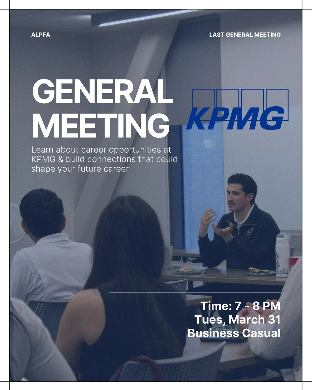 Last General Meeting of the Spring Semester 🎓✨

Can&rsquo;t believe how far ALPFA has come this semester, we&rsquo;re so proud of everyone who has been involved all throughout the semester! 💙

🕖 Time: 7&ndash;8 PM
👔 Dress Code: Business Casual
📍