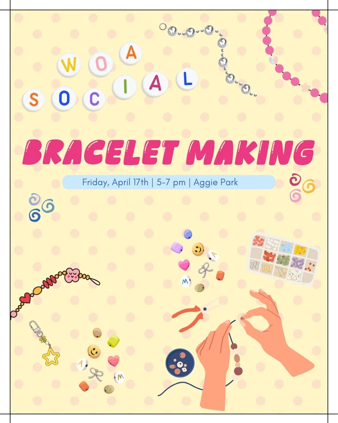 Join us this Friday for the WOA Social 💫

We&rsquo;re making bracelets at Aggie Park 🌳🧵
just chill vibes. Food will be provided ☀️🍕

Don&rsquo;t miss it!