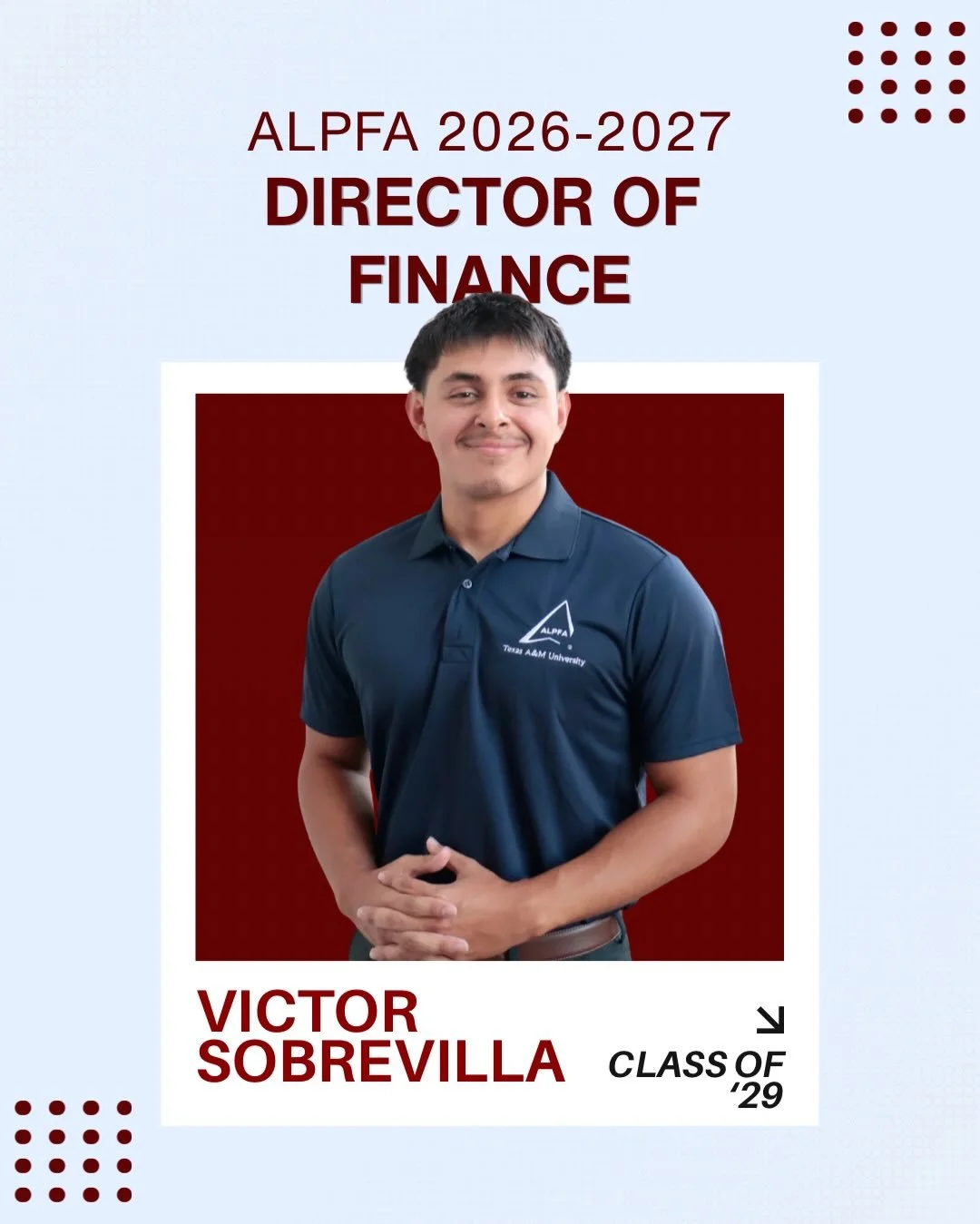💫 Meet our Director of Finance, Victor Sobrevilla!
Victor is an Economics Major for Del Rio, TX. 
His favorite part of ALPFA is the strong sense of community it creates for students not only at Texas A&amp;M, but across chapters nationwide. He value