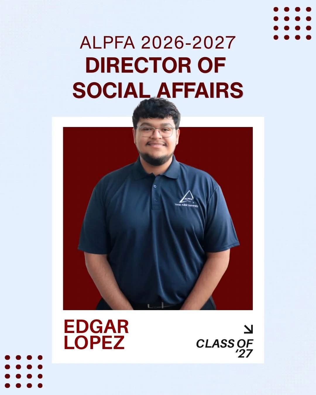 💫 Meet our Director of Social Affairs, Edgar Lopez!! 
Edgar is a Computer Engineering major from Houston, TX. His favorite part of ALPFA is the people who make up the organization and the opportunity to connect with others while working toward profe