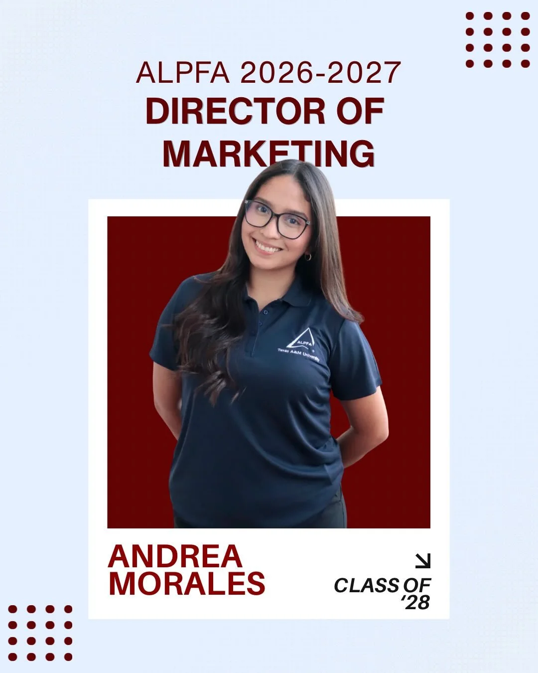 💫 Meet our Director of Marketing, Andrea Morales!
Andrea is an Agricultural Economics major with minors in AgriFood Sales and Spanish from Pharr, TX. 
Her favorite part of ALPFA is how it has helped her grow professionally while also giving her the 