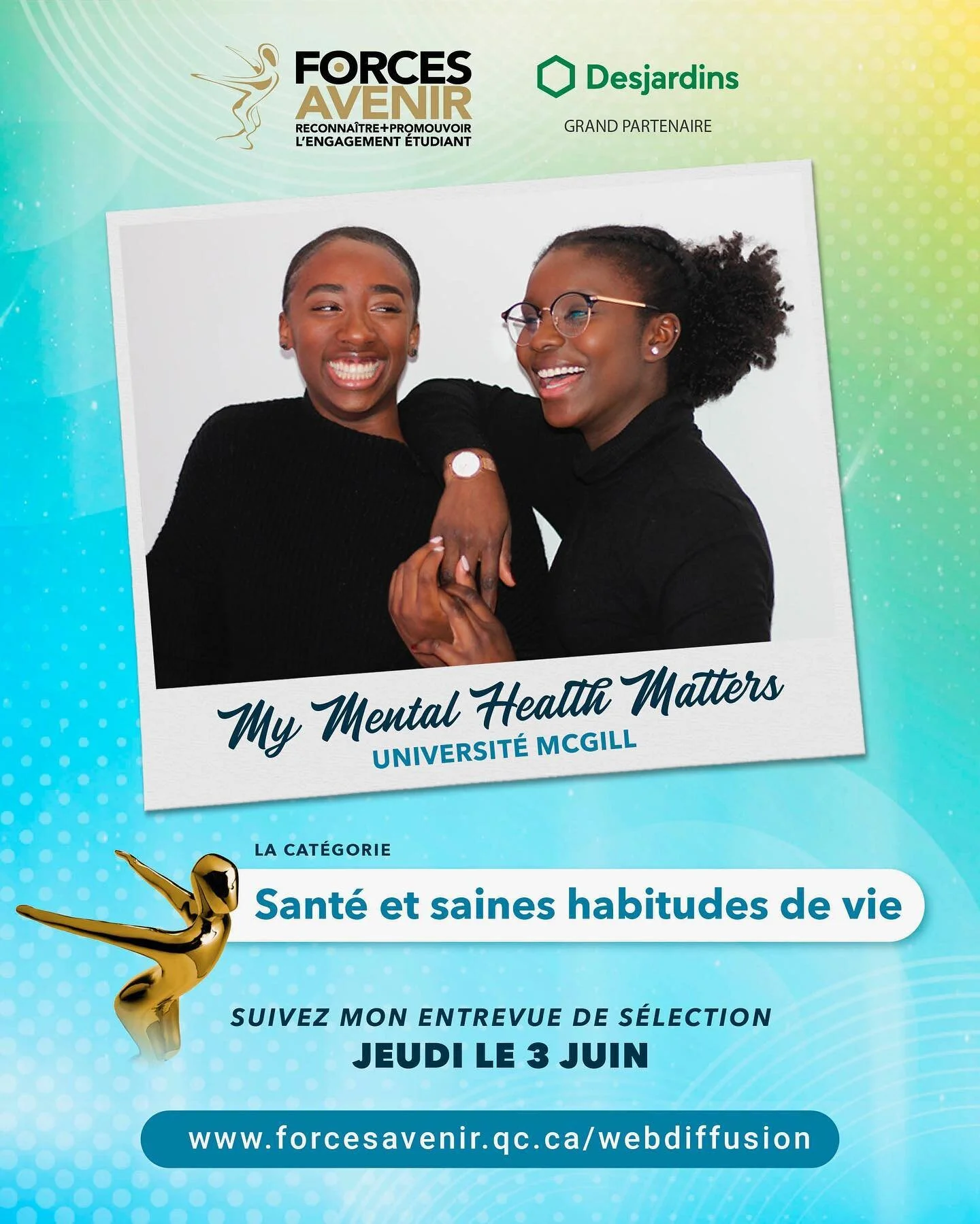 Nous sommes tellement honorées d’être parmi les finalistes @forcesavenir dans la catégorie « Santé et saines habitudes de vie » de @mcgillu! Suivez notre entrevue de sélection en direct le