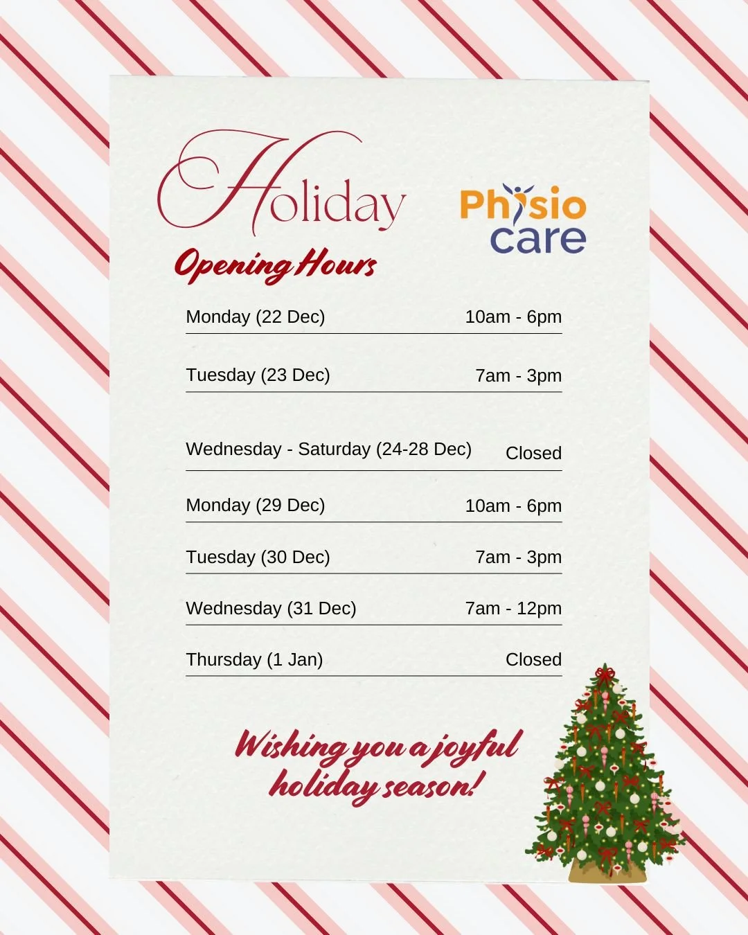 🎄 Please note our Holiday Hours at PhysioCare Inc. 🎄
Wishing everyone a joyful, peaceful, and healthy holiday season!

#physiocarebarbados
