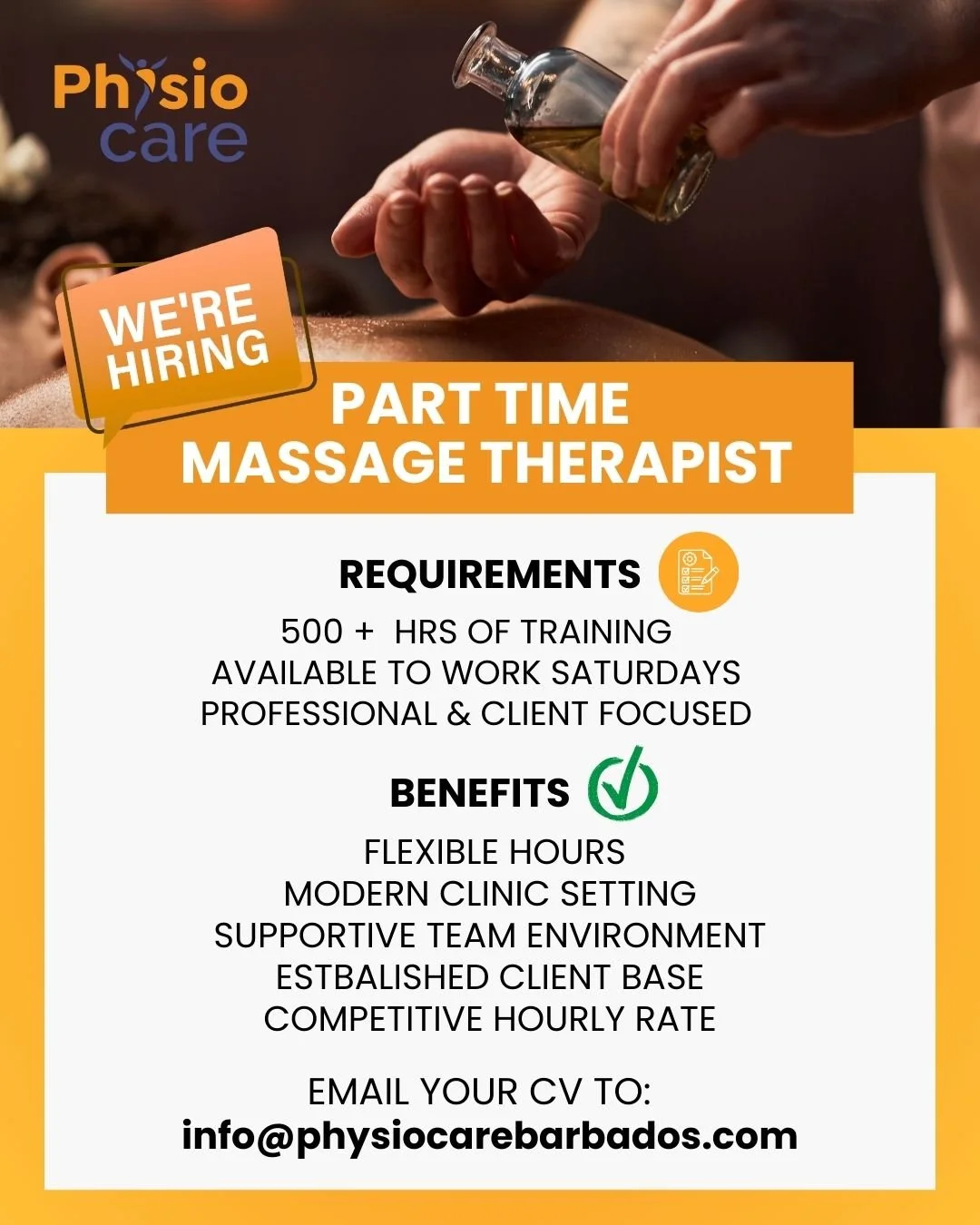 We're growing! 📣
PhysioCare Inc. is looking for a skilled Part-Time Massage Therapist to join our professional team.
If you're trained, passionate, and available on Saturdays, we'd love to hear from you!

📩 Interested candidates are invited to emai