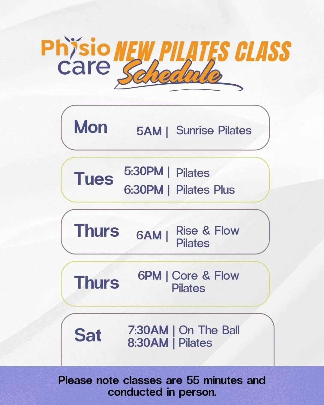 ✨ Our NEW PhysioCare Inc. 2026 Pilates Schedule is HERE and we've added another On The Ball Pilates class on Saturdays just for YOU!✨

Classes are $40 per session, with package options available.
All classes are 55 minutes and in person only.
📲 Book