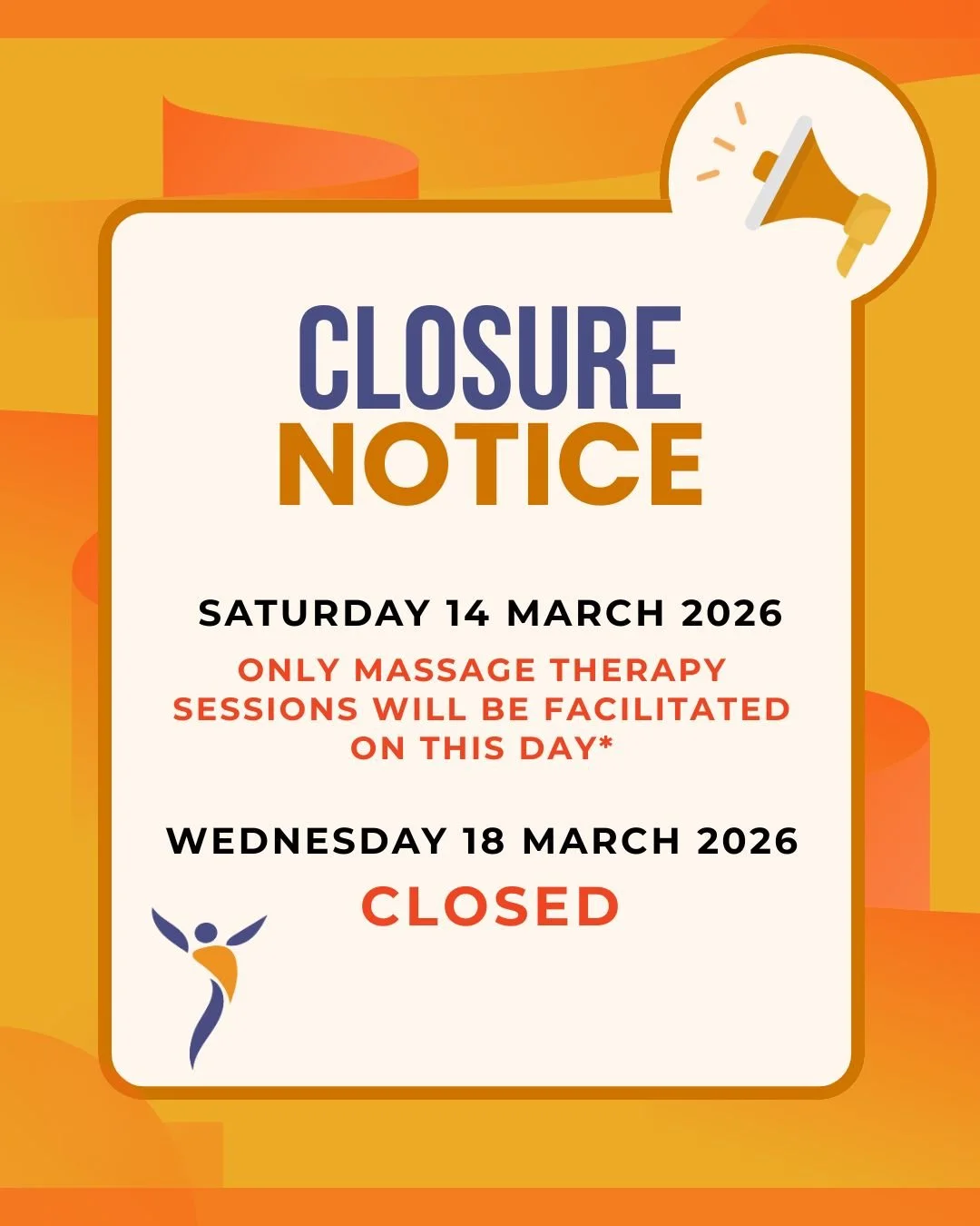 📢 Please be advised:

On Saturday 14 March, the PhysioCare Inc. clinic will be open for massage therapy sessions only.*

The clinic will also be closed on Wednesday 18 March 2026 to facilitate a team-building exercise.

We sincerely apologise for an