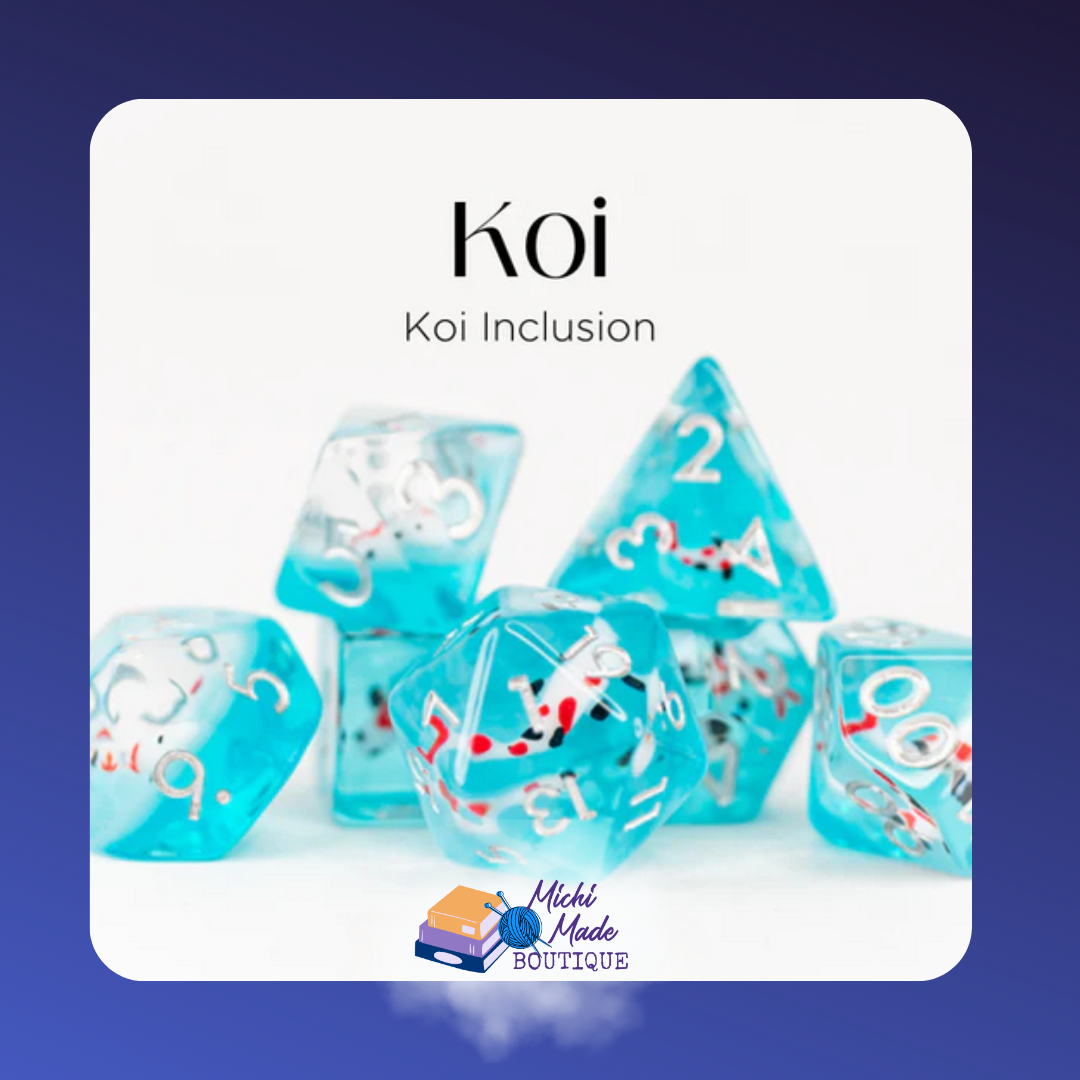 Blue dice with koi fish inclusions, white numbers – Koi set.